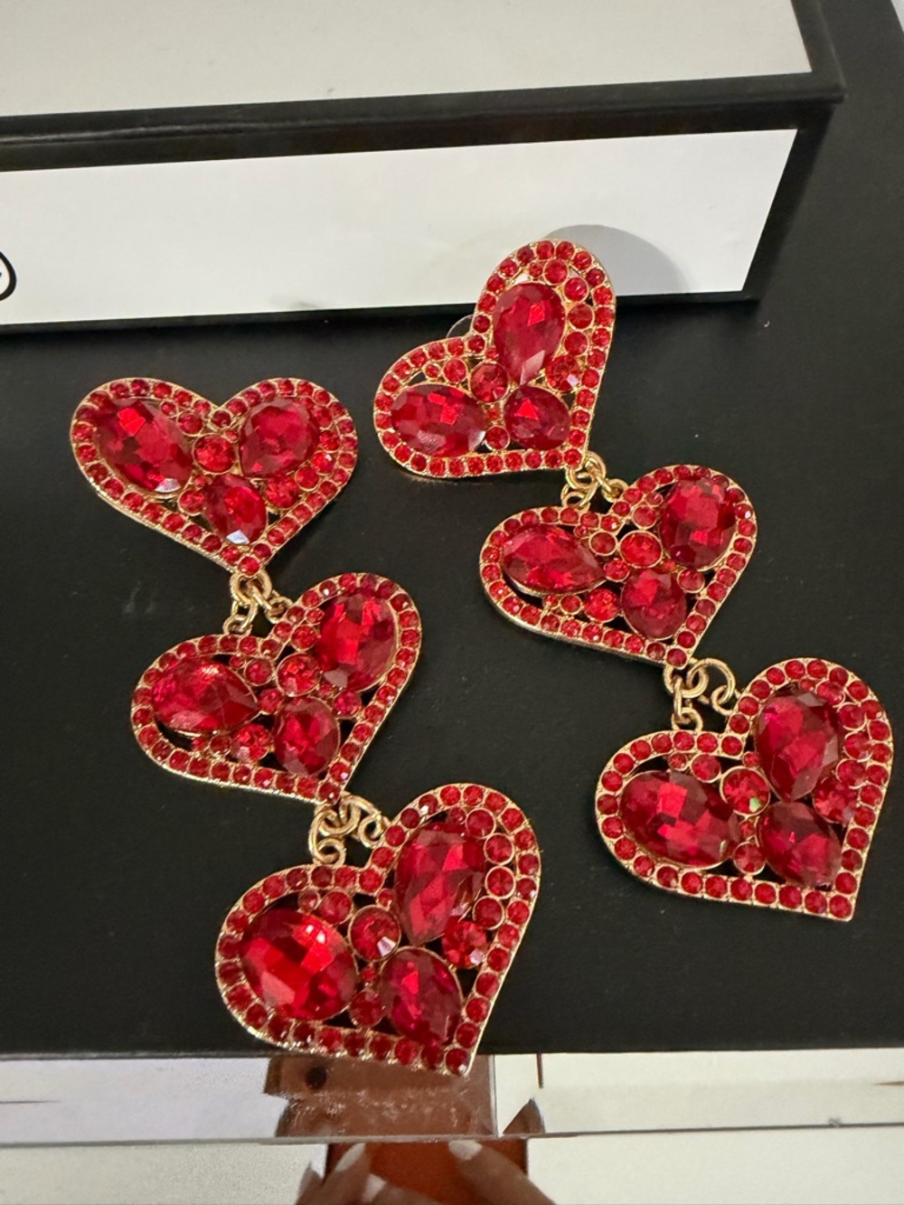 Gold-Tone Red Crystal Heart Drop Earrings